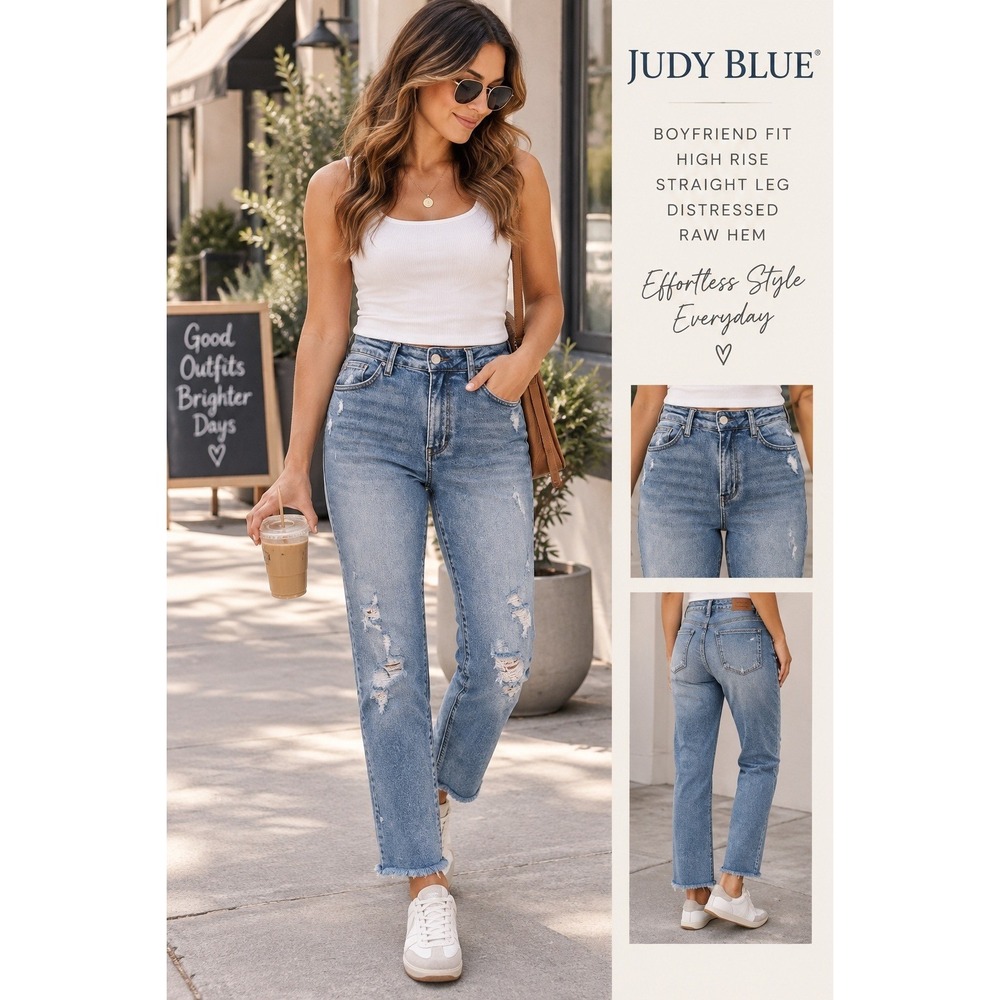 Judy Blue 27 Boyfriend Fit Distressed High Rise Straight Leg Wash Raw Hem